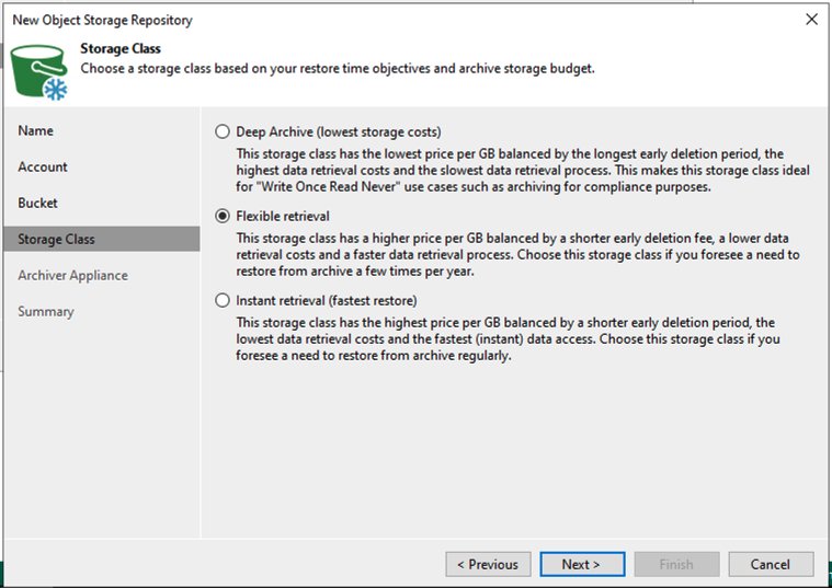 Glacier storage class configuration in VBR