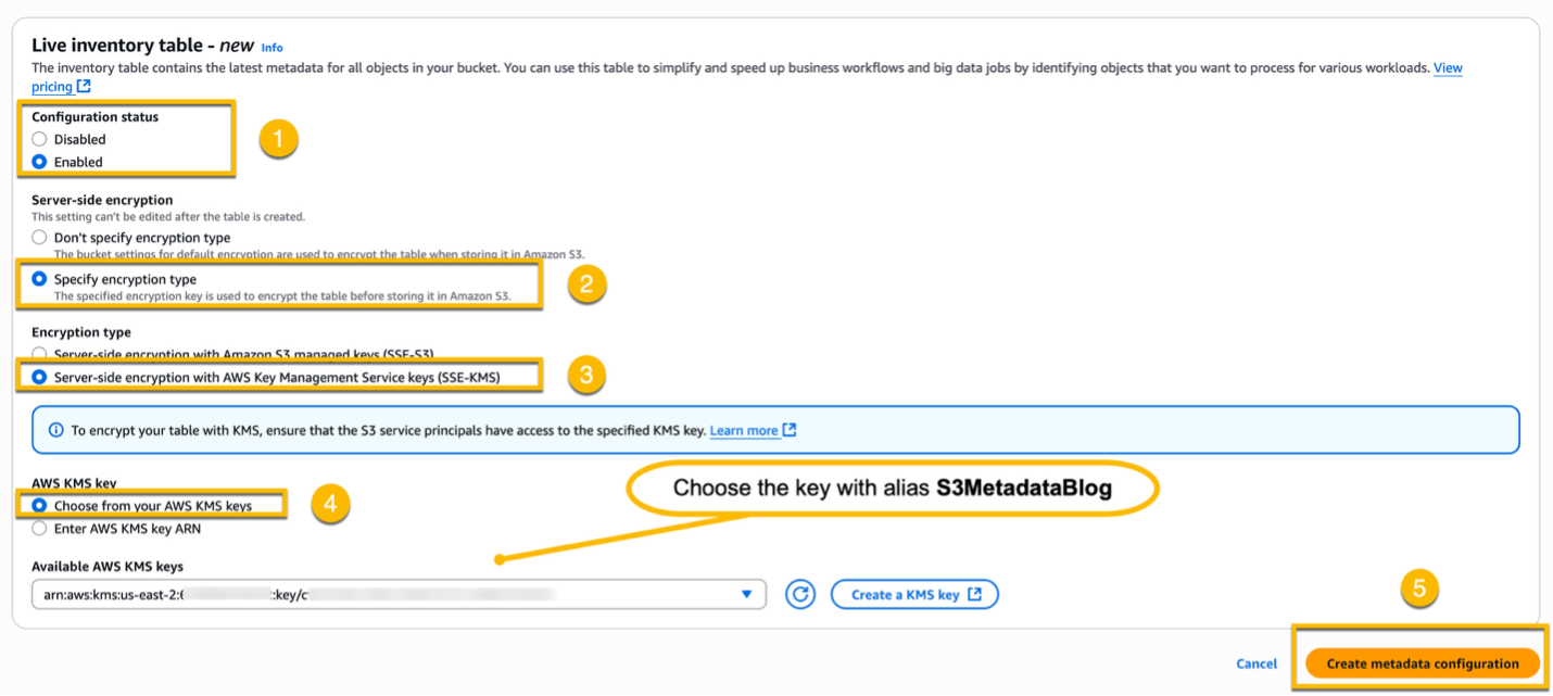 Steps for configuring the S3 Metadata Live inventory table