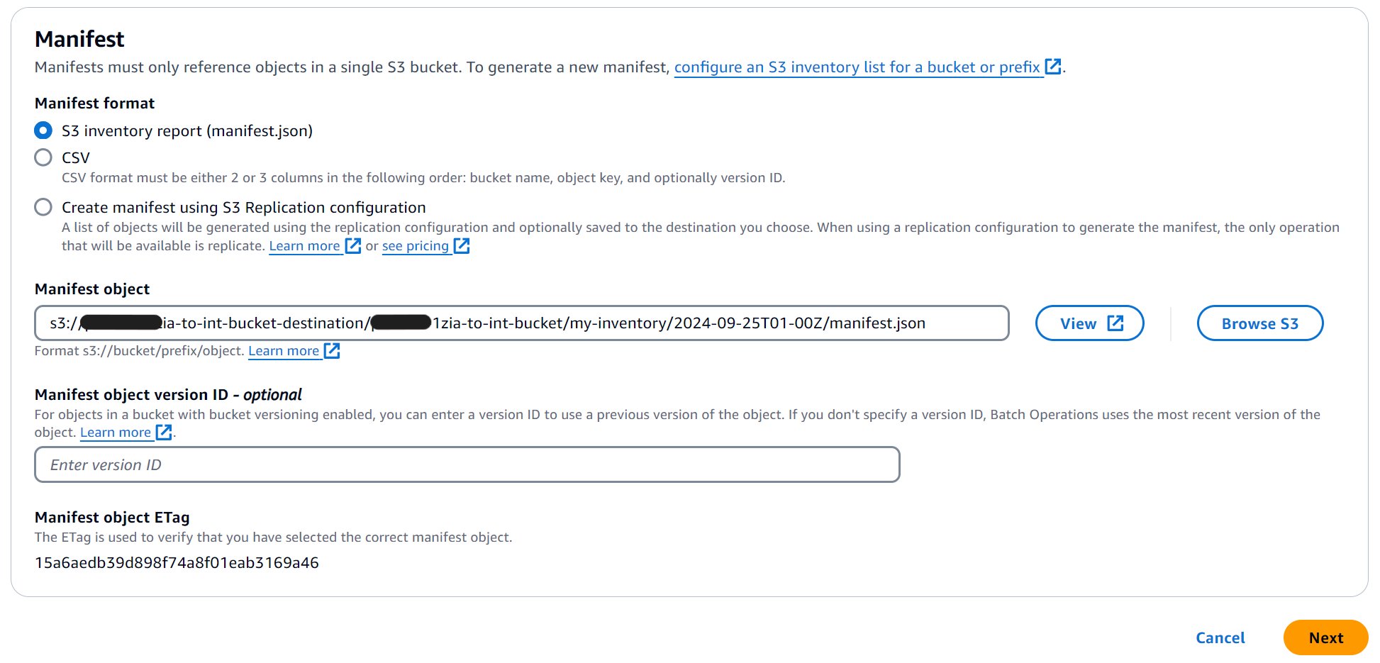 Figure 12: Select a manifest file for the S3 Batch Operations job