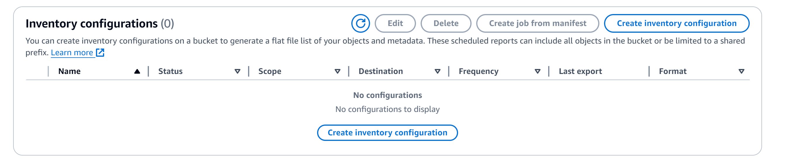 Figure 4: Inventory configurations of the S3 bucket