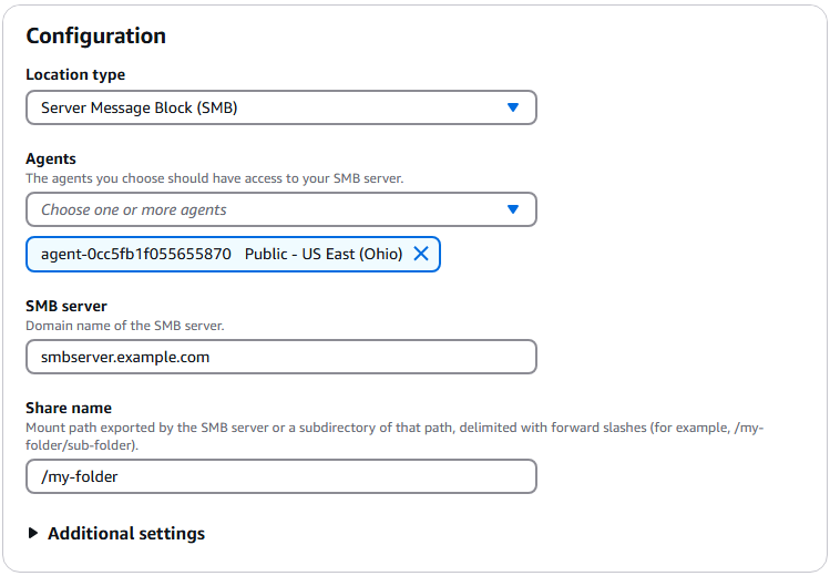 A screenshot of the DataSync console showing the Create location dialog with sample imputs