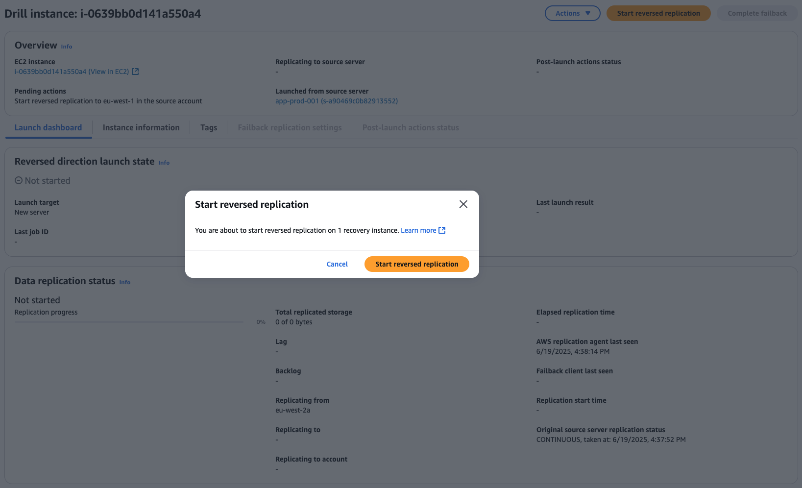 Starting reverse replication of source servers to source Region