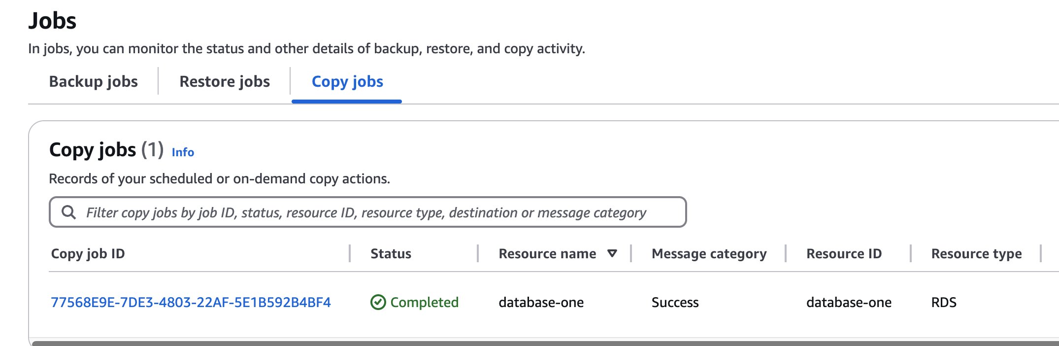 The copy job starts after the snapshot is taken. It copies the snapshot from production to pre-production account. You can check it’s status here.