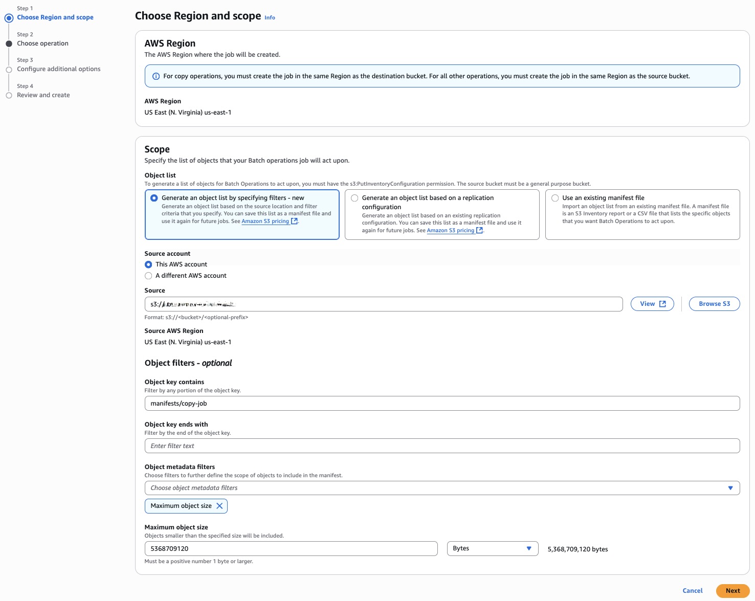Step 1 Choose Region and scope with filters