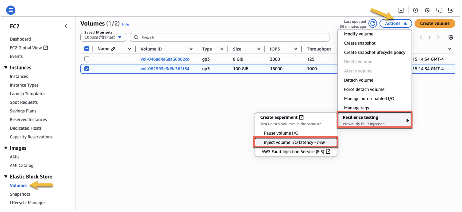 Choose Volumes under Elastic Block Store console