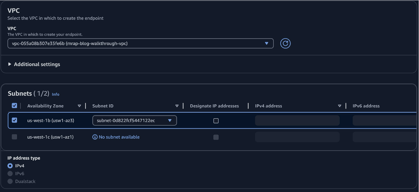 Select VPC and Subnet for S3 global access VPC endpoint