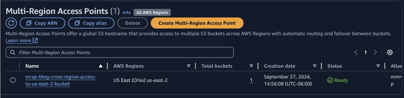 Multi-Region Access Points status in AWS Console