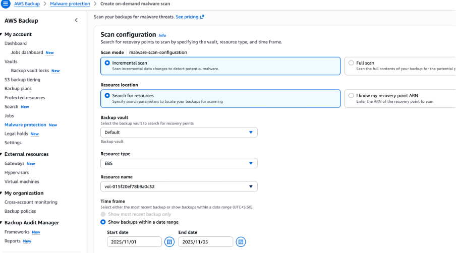 console image showing creation of a malware scan on-demand
