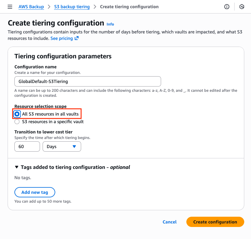 console screenshot showing an example tiering configuration with all Amazon S3 resources in all vaults selected