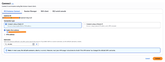 Use EC2 Instance Connect to login into the instance. Choose Connect.