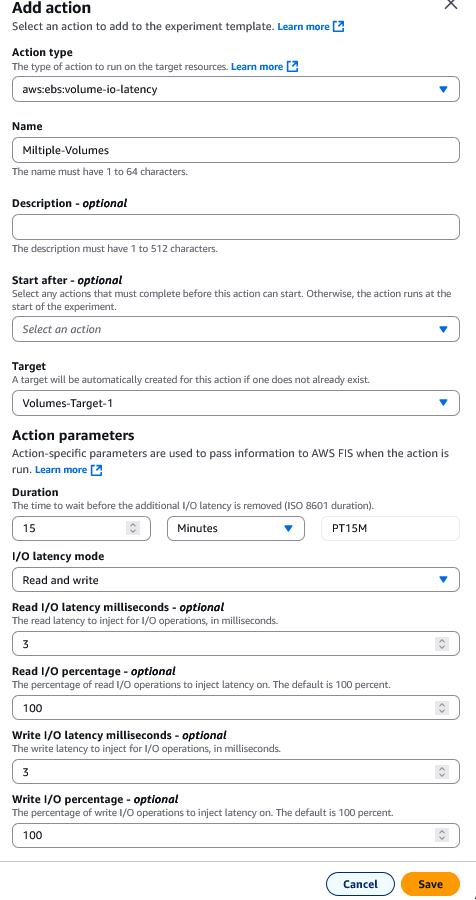 AWS Fault Injection Service 'Add action' form showing configuration for EBS volume I/O latency experiment. The form displays action type aws:ebs:volume-io-latency, name 'Multiple-Volumes', target 'Volumes-Target-1', 15-minute duration, and parameters for 3ms latency on 100% of both read and write operations."