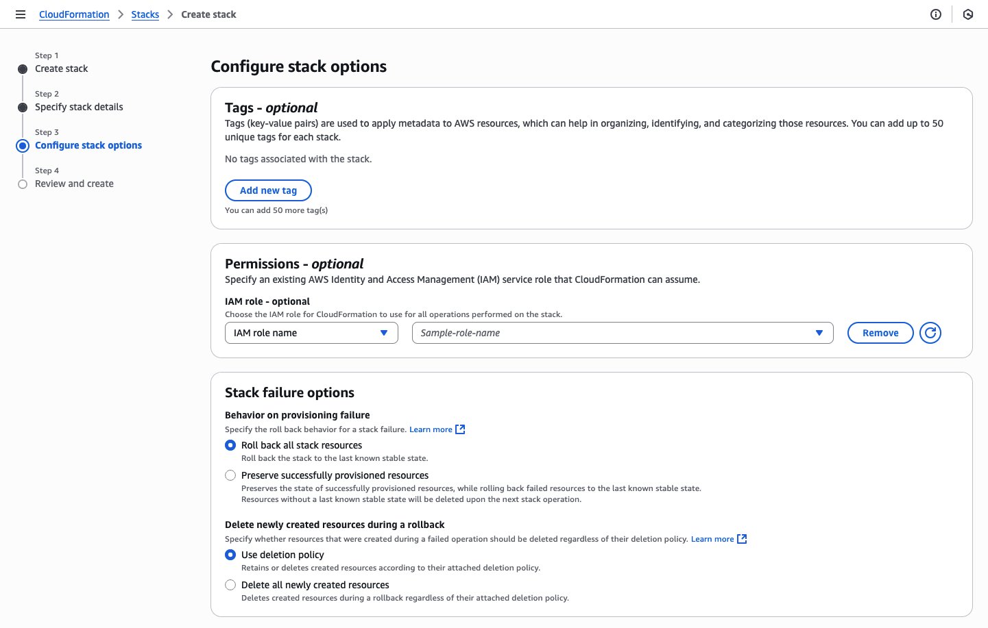 Configuring CloudFormation stack options