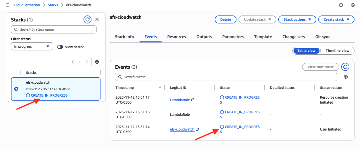 Tracking the progress of CloudFormation stack creation.