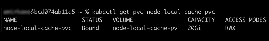 Command line output showing Kubernetes Persistent Volume Claim node-local-cache-pvc with Bound status, 20 gibibyte capacity, and ReadWriteMany access mode