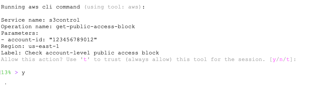 AWS CLI security prompt requesting user confirmation to execute s3control get-public-access-block command for account 123456789012 in us-east-1 region