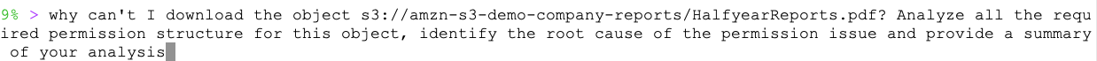 Terminal prompt showing user query asking AI assistant to analyze S3 permission issues preventing download of HalfyearReports.pdf from amzn-s3-demo-company-reports bucket