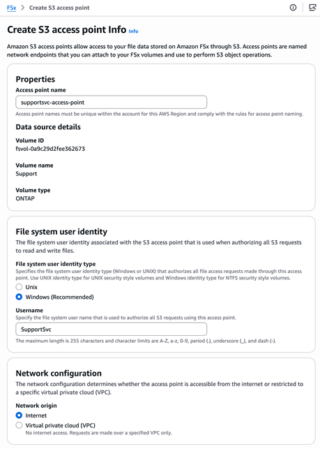 A screenshot showing the configuration page of the Create S3 acces point workflow. The properties are filled out according to the instructions in this step