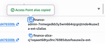 Screenshot showing the access point alias has been copied using the embedded copy to clipboard button from the FSx for ONTAP S3 access point AWS console web page.>