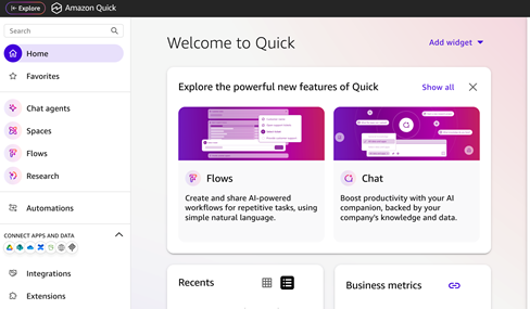 Screenshot of the Amazon Quick web page console showing the home button highighted