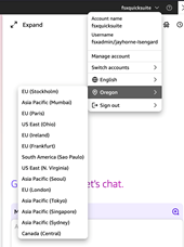 Screenshot showing the Amazon Quick web page console with the user options menu expanded. The region name is highlighted
