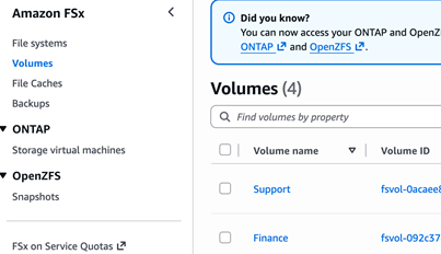 A screenshot of the AWS Console web page showing the Amazon FSx volumes section. In the screenshot you can see that the prerequisite volumes are created and online