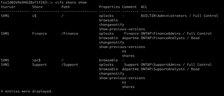 cifs share show” command. Confirm that the share permissions are set so that the groups are correctly aligned to their respective shares.>