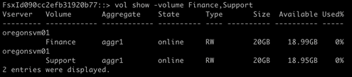 A screenshot of the ONTAP CLI showing the 'vol show –volume ”With the output verifying that the volumes needed for the exercise are created and online