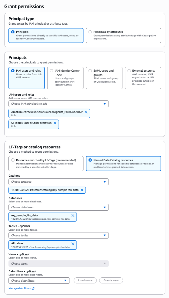 Grant permissions in AWS Lake Formation for IAM principals to access Glue Data Catalog and S3 Tables
