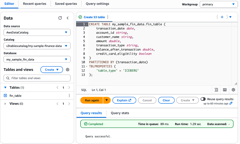 Creating an Iceberg table in Amazon Athena using SQL