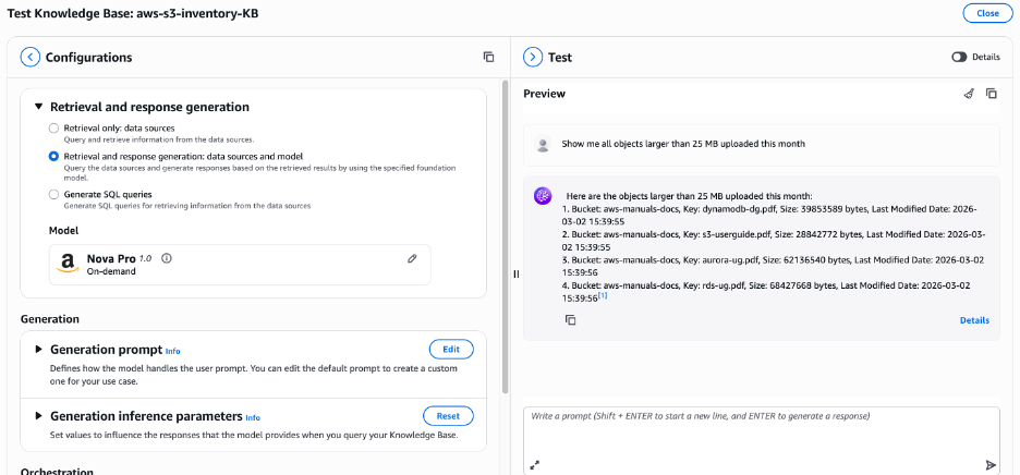Amazon Bedrock test interface displaying a natural language query and returned results showing S3 object data using the Nova Pro model