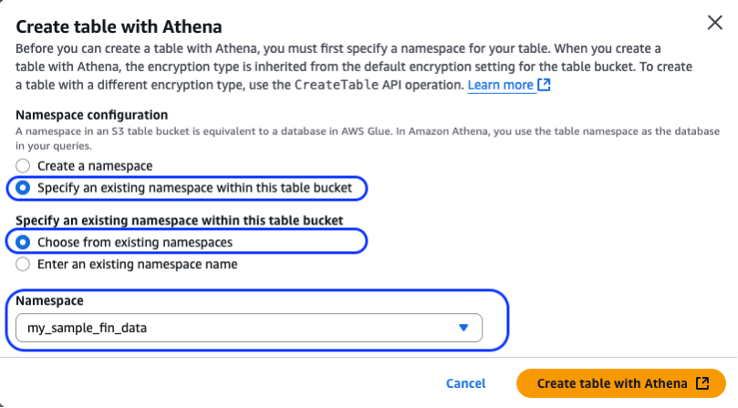 Creating a table in Amazon Athena using an existing namespace in a table bucket.