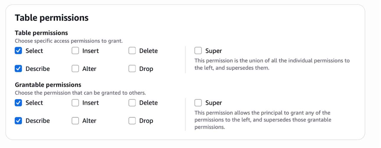 Configure SELECT and DESCRIBE table permissions in AWS Lake Formation