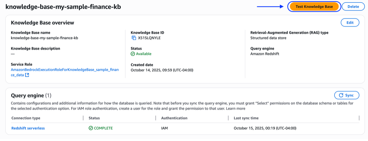 Test the knowledge base in Amazon Bedrock using the Test Knowledge Base button