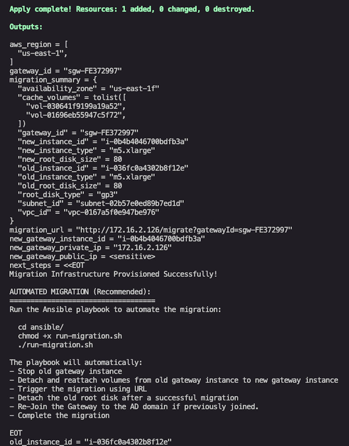 Terminal screenshot showing successful terraform apply output with green “Apply complete!” message and the migration_summary output block.