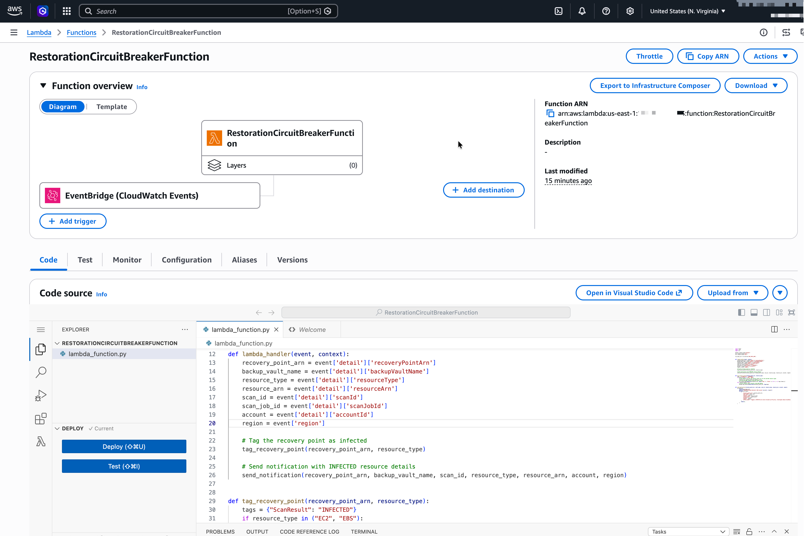screenshot of lambda function that automates tagging and notification 