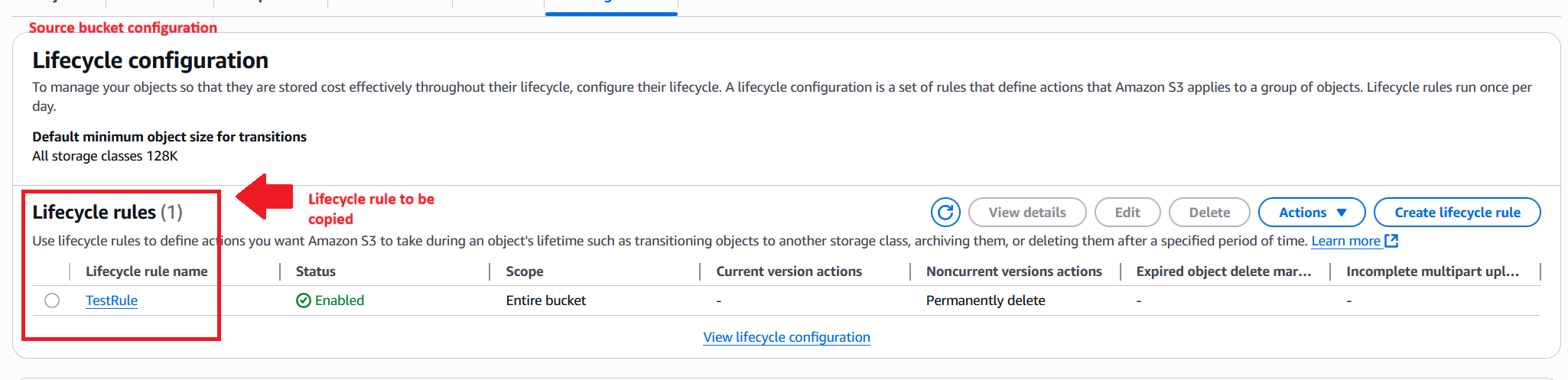 Amazon S3 console showing a lifecycle rule named TestRule on the source bucket, with transitions and expiration settings configured.