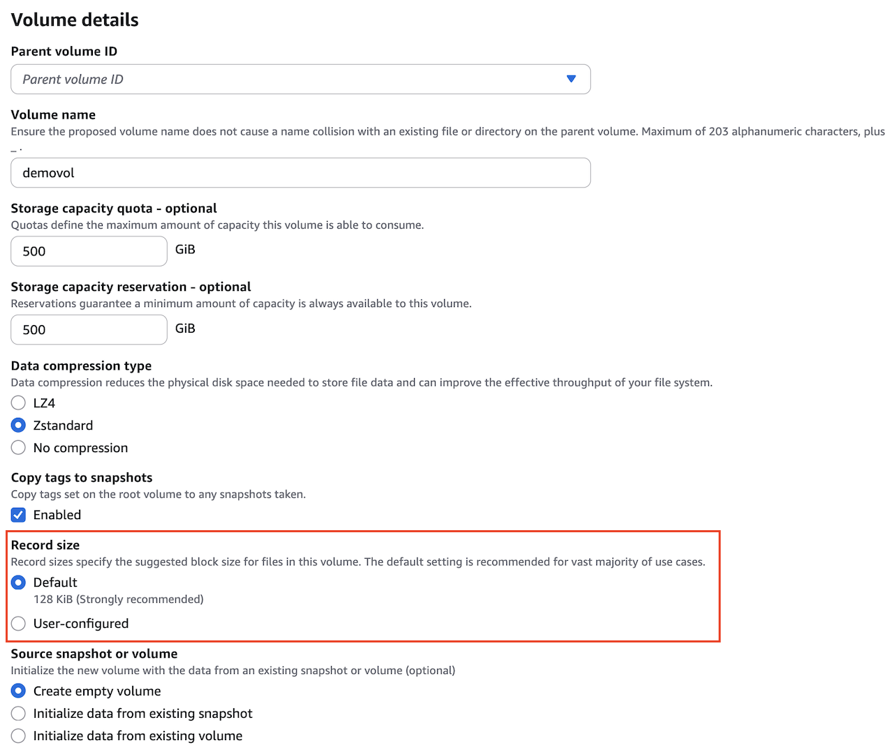 Figure 3: Amazon FSx for OpenZFS volume creation options