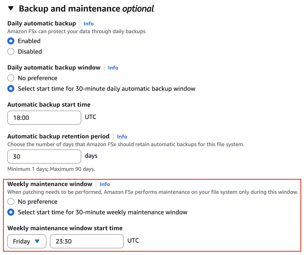 Figure 6: Backup and maintenance options for FSx for OpenZFS file system