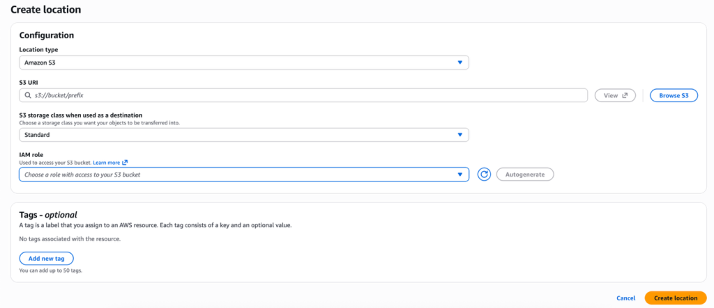 AWS DataSync console "Create location" page configured for an Amazon S3 location type, showing fields for S3 URI, storage class, and IAM role.