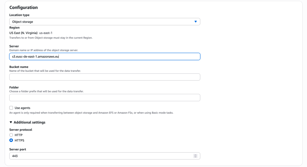 AWS DataSync console "Create location" configuration for an Object storage location type in US East (N. Virginia), with the server set to s3.eusc-de-east-1.amazonaws.eu and HTTPS on port 443.