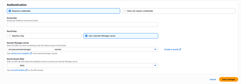 AWS DataSync location Authentication settings with "Requires credentials" selected and a secret key provided through an AWS Secrets Manager secret and a secret access IAM role.