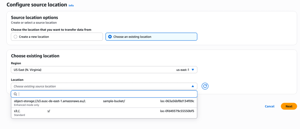AWS DataSync "Configure source location" step with "Choose an existing location" selected, showing a dropdown listing an object-storage location and an Amazon S3 location in US East (N. Virginia).