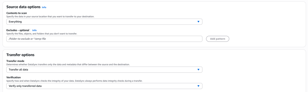 AWS DataSync task configuration showing Source data options set to scan "Everything" and Transfer options set to "Transfer all data" with "Verify only transferred data."