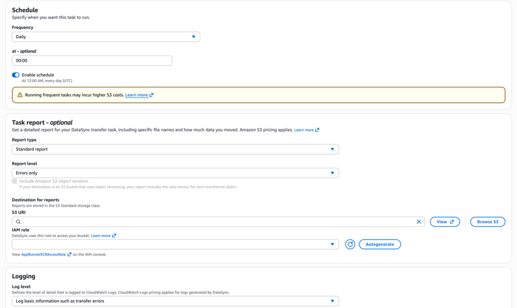 AWS DataSync task configuration showing a daily schedule at 00:00 UTC, a standard task report set to errors only, and CloudWatch logging of basic transfer information.