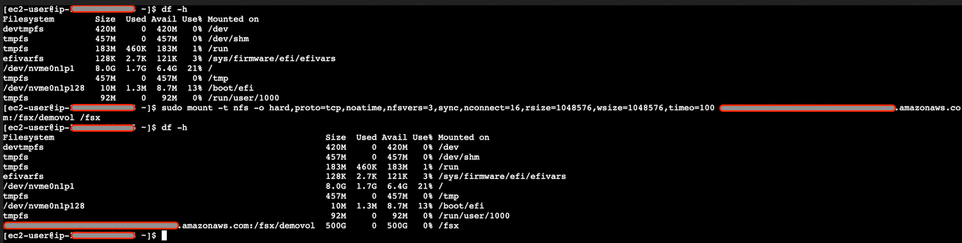 Figure 4: NFS mount options for Amazon FSx for OpenZFS volume on Linux EC2 instance