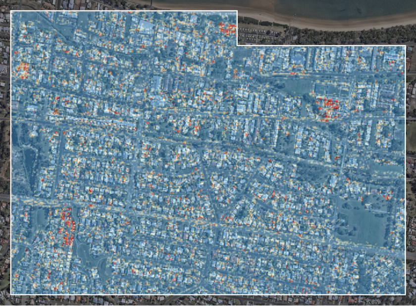 Zero-shot Search scores approximately 79,000 tiles in Hervey Bay, Queensland, Australia, against the query “caravans.” Warm colors indicate stronger matches, and cool colors indicate weaker matches.