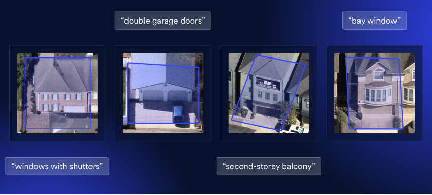 Zero-shot Search returns the top oblique property match for each text query, with the matched parcel outlined in blue.