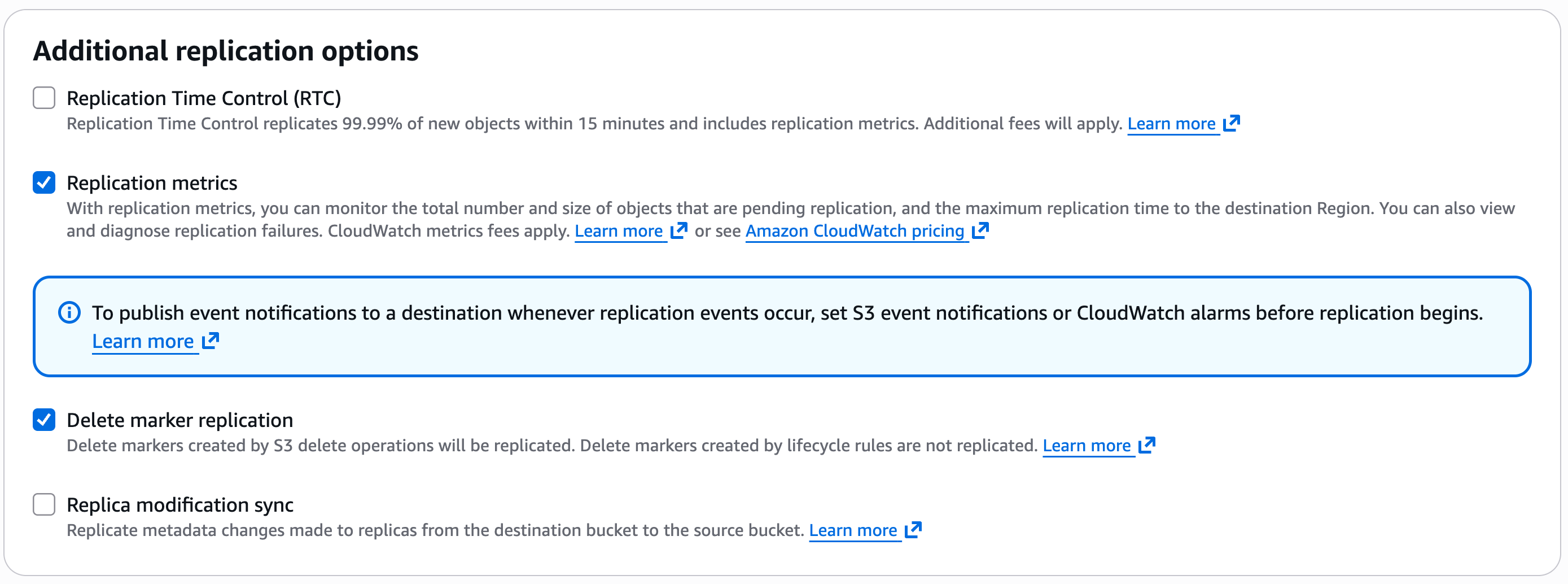 menu of additional replication options