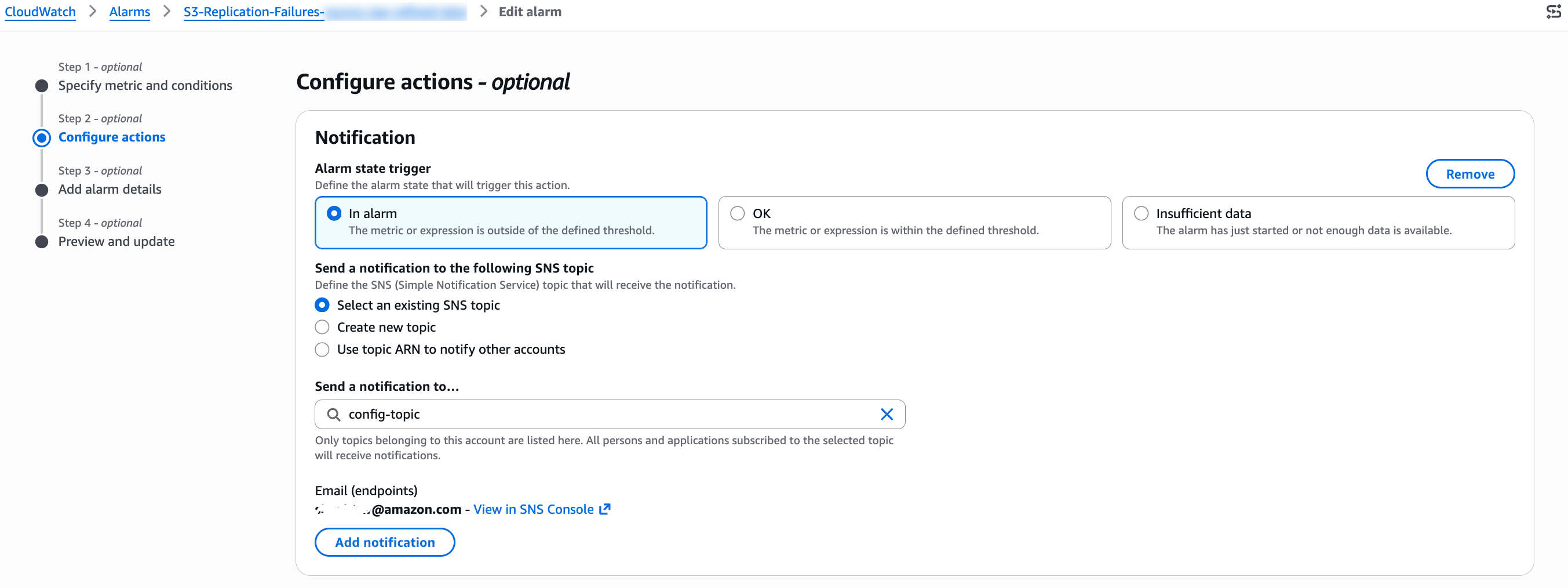 configure actions for metric