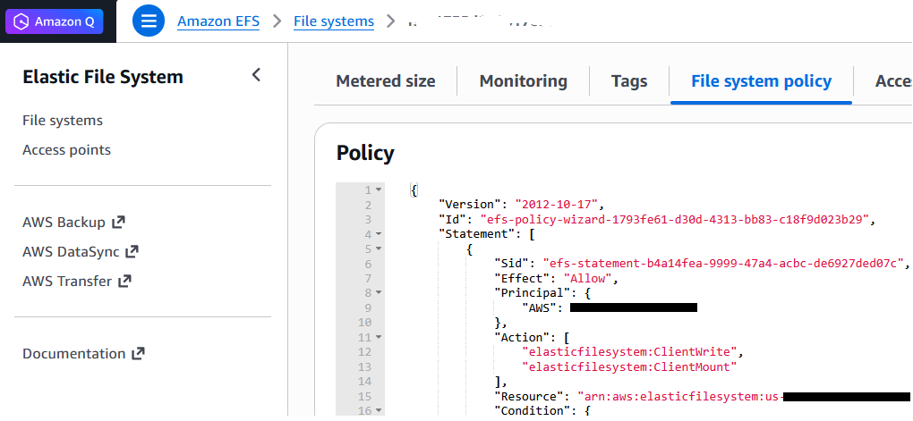 File system policy configuration on the Amazon EFS console